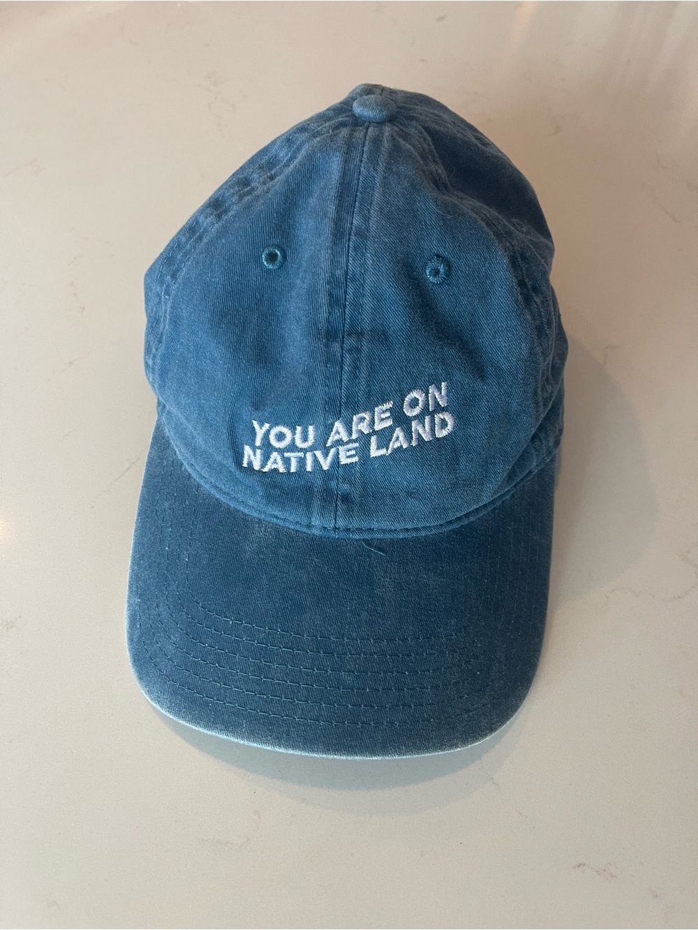 Blue Embroidered 'You Are On Native Land' Cotton Baseball Cap